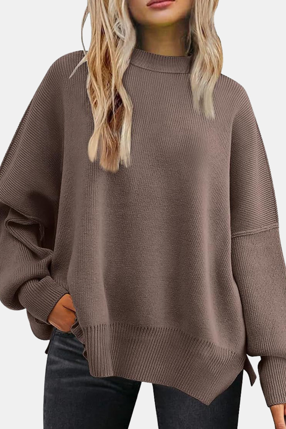 Round Neck Drop Shoulder Slit Sweater