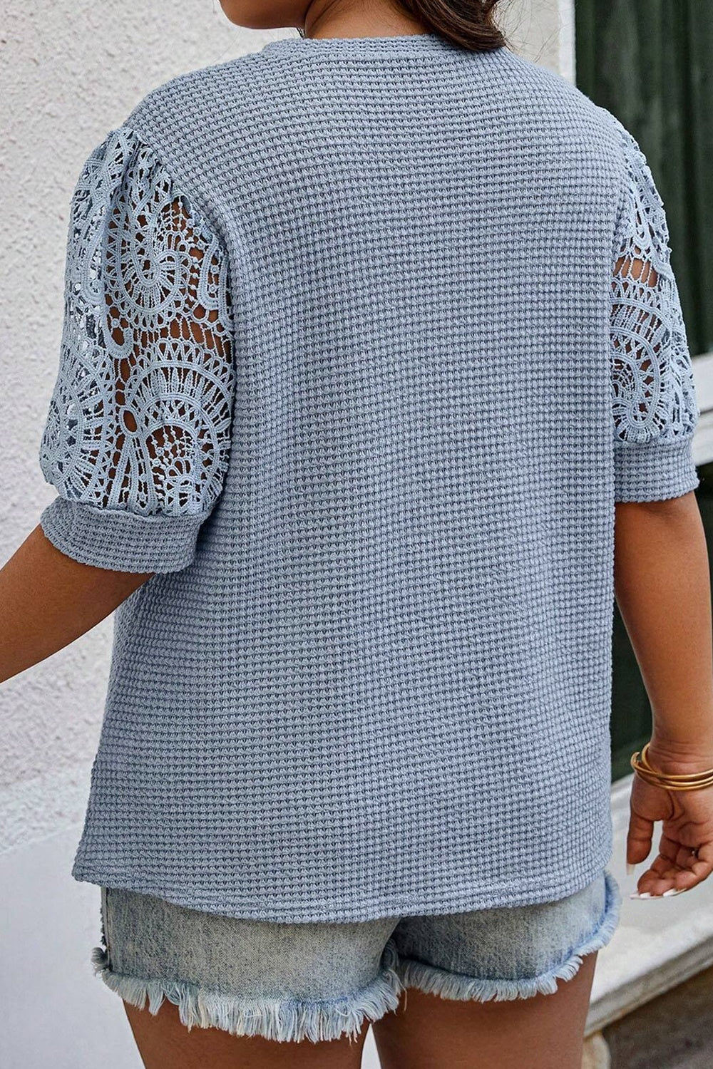 Plus Size Lovely Ladies Polyester Blend Fashion Plus Open Weave Detail Round Neck Half Sleeve Blouse (Dusty Blue)