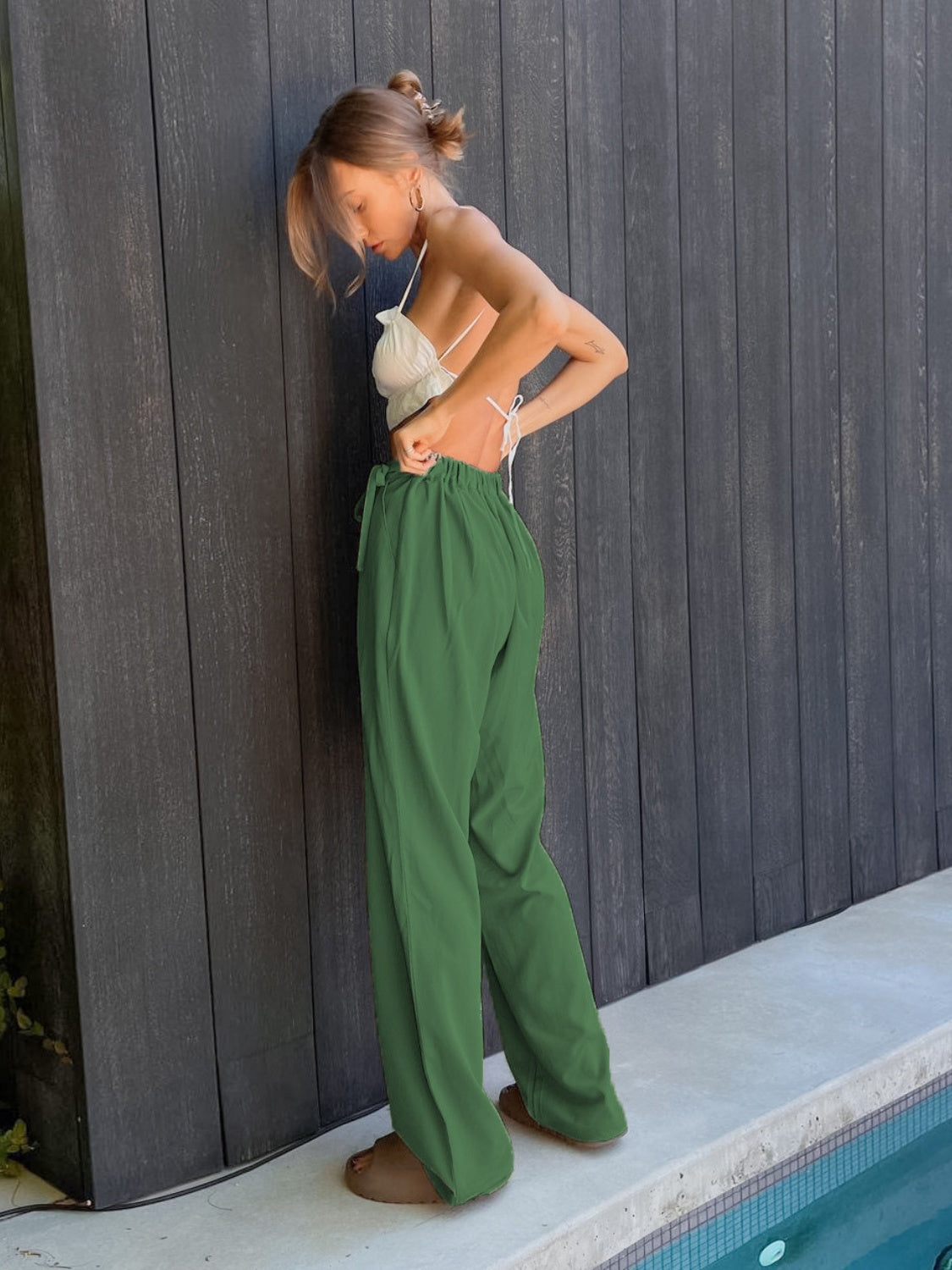 Our Best Polyester Blend Solid Color High Drawstring Waist Tie Detail Wide Palazzo Pants (Multicolor)