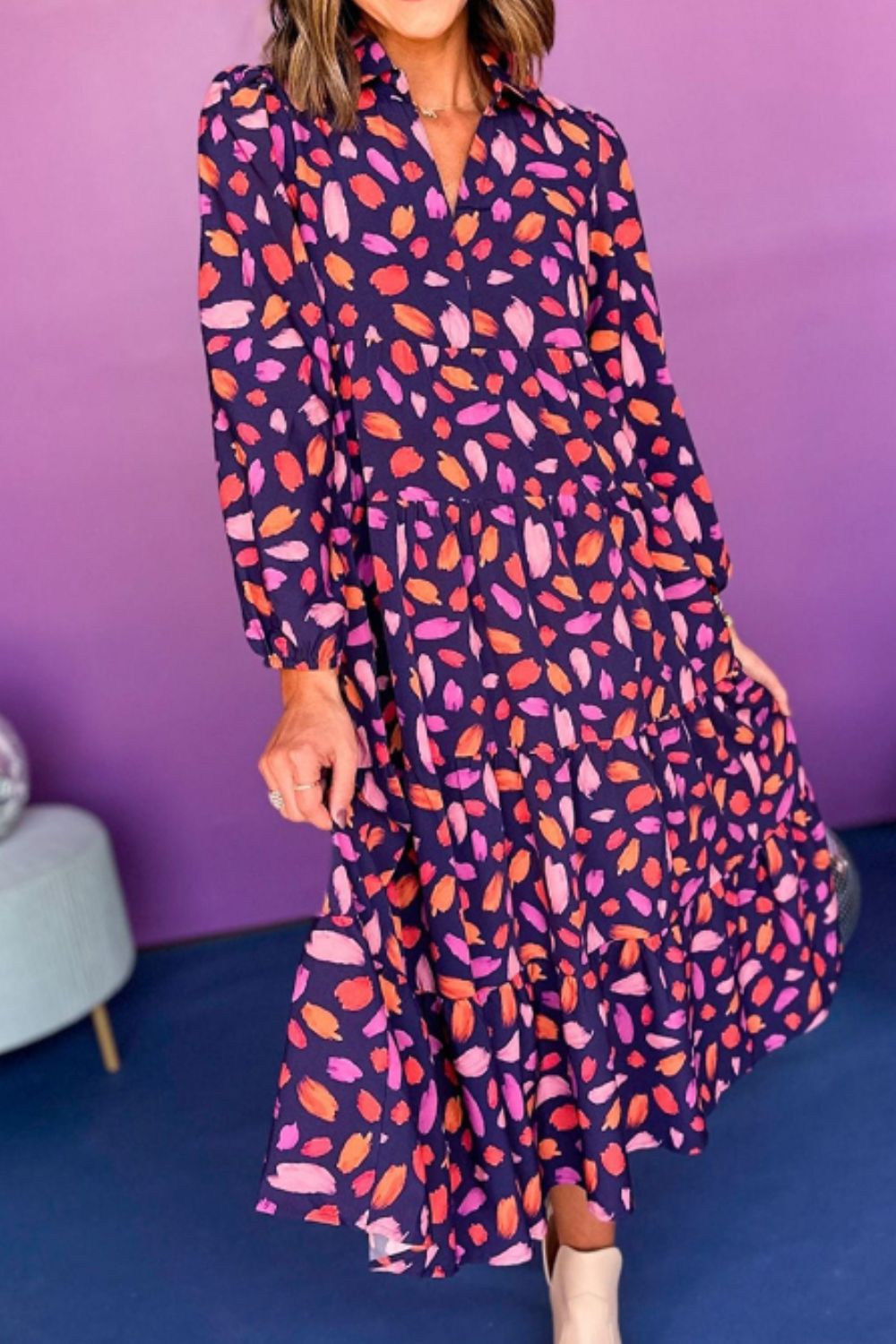 Printed Notched Long Sleeve Dress