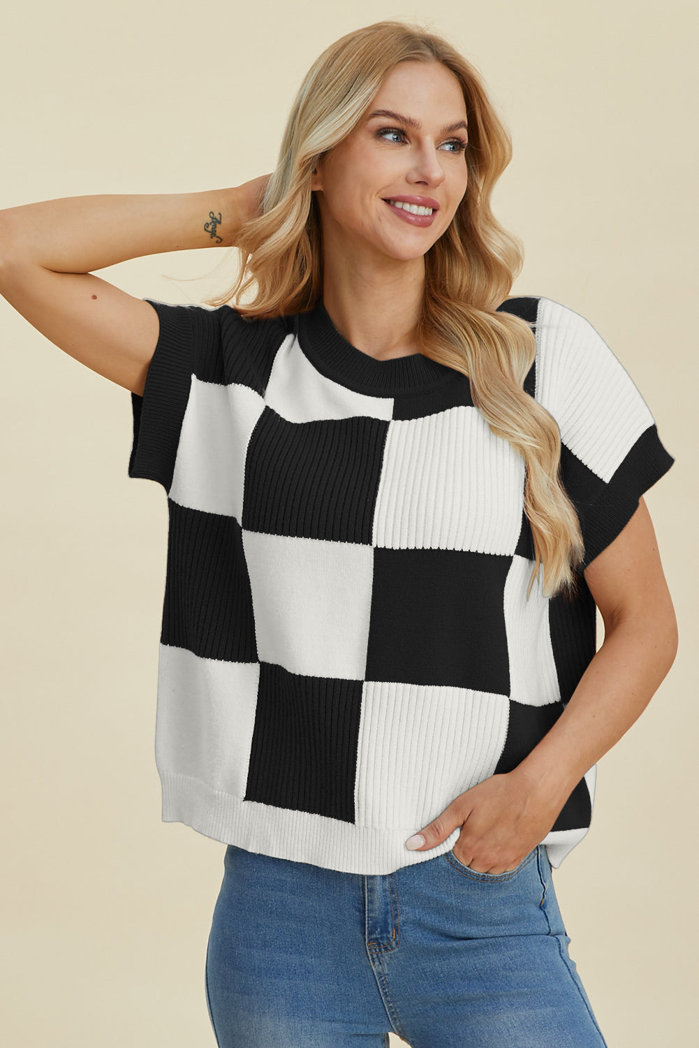 Double Take Full Size Checkered Round Neck Short Sleeve Sweater