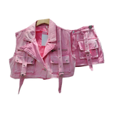 Retro Pink Large Pocket Denim Suit Spring Summer Sleeveless Short Vest High Waist Hip Wrapped Skirt 2 Pieces Sets Women Outfits - treasures-4-u-2-day