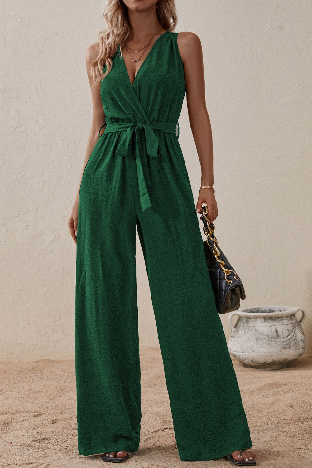 Our Best 100% Polyester Deep-V Sash Tie Belt Loop Detail Surplice Sleeveless Wide Flare Jumpsuit (Multicolor)