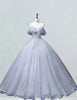 Silver off the shoulder long prom dress ball gown beaded lace fluffy princess party dress long wedding dress