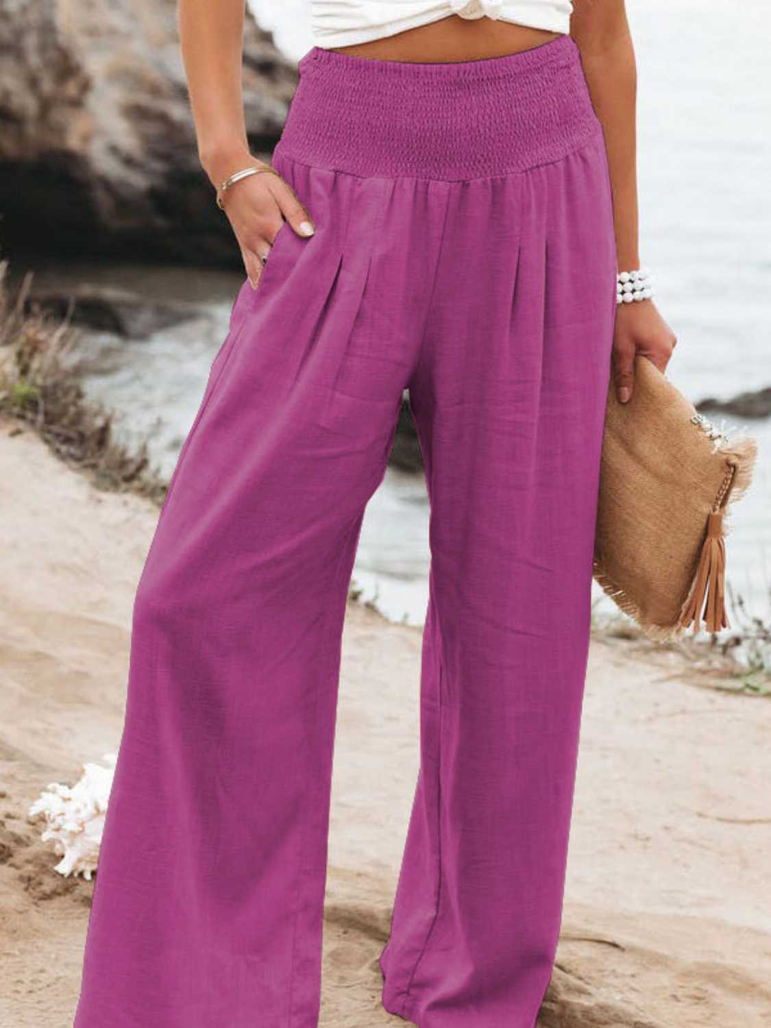 Our Best Polyester/Spandex Blend Deluxe Smocked Waist Wide Flare Palazzo Pants (Multicolors)