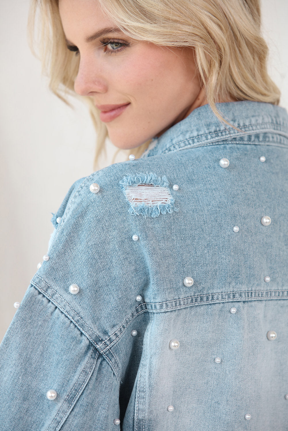 Our Best Polyester Blend Fashion Plus Distressed Pearl Trim Button Up Crop Denim Jacket (Light Denim)