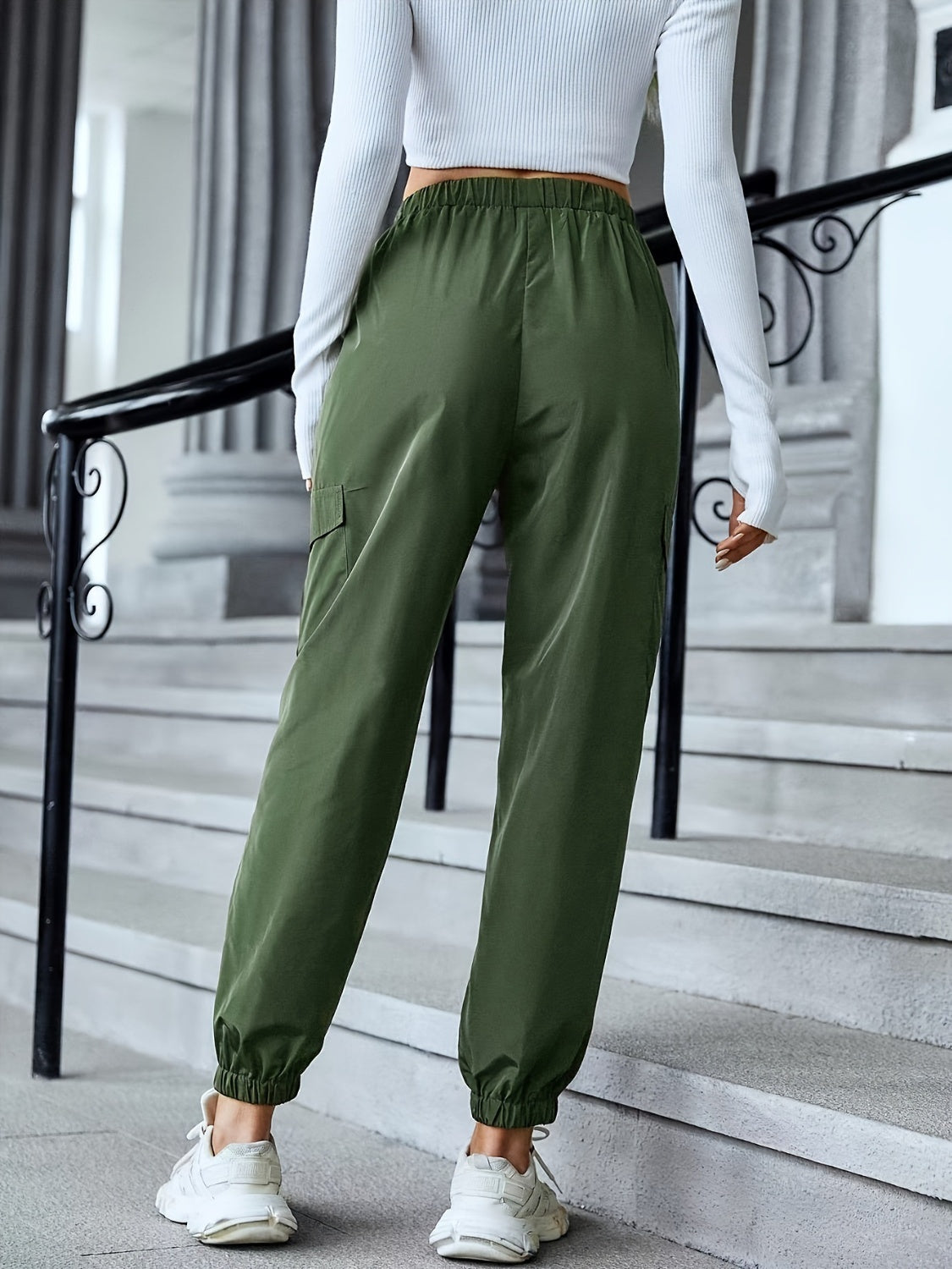 Our Best 100% Polyester Cool-n-Comfy Solid Color Elastic Waist Pocket Detail Pants (Army Green)