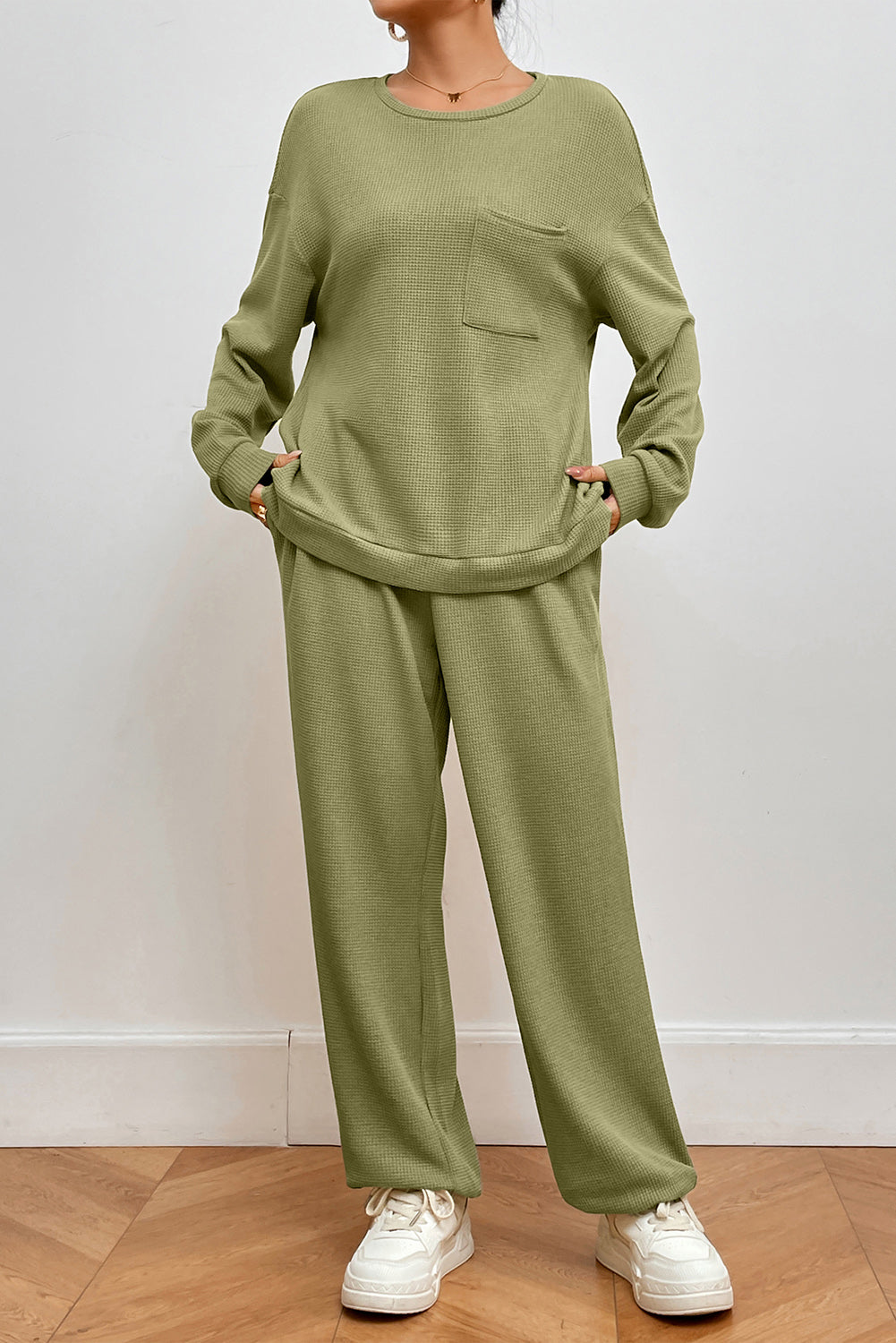 Our Best Polyester Blend Long Sleeve Top and Pocket Detail Jogger Pants Two Piece Lounge Set (Matcha Green)