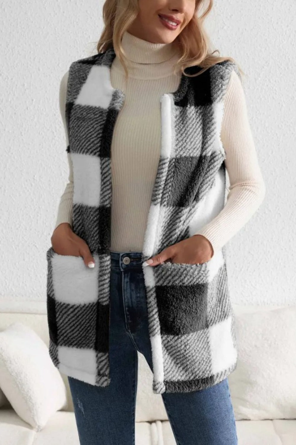 Our Best 100% Polyester Cool-n-Comfy Deluxe Sherpa Plaid Pattern Open Front Vest Coat (Multicolor)