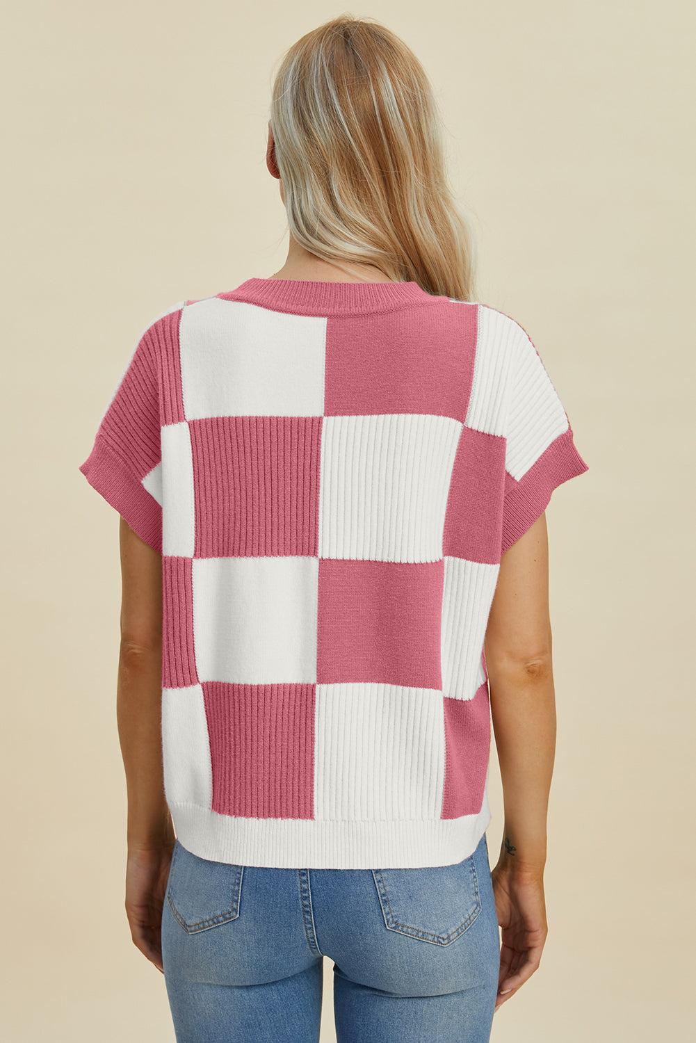 Double Take Full Size Checkered Round Neck Short Sleeve Sweater