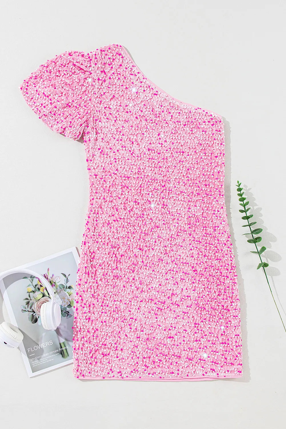 Fashion Plus Polyester/Elastane Sequin Single Shoulder Short Sleeve Mini Dress (Pink)