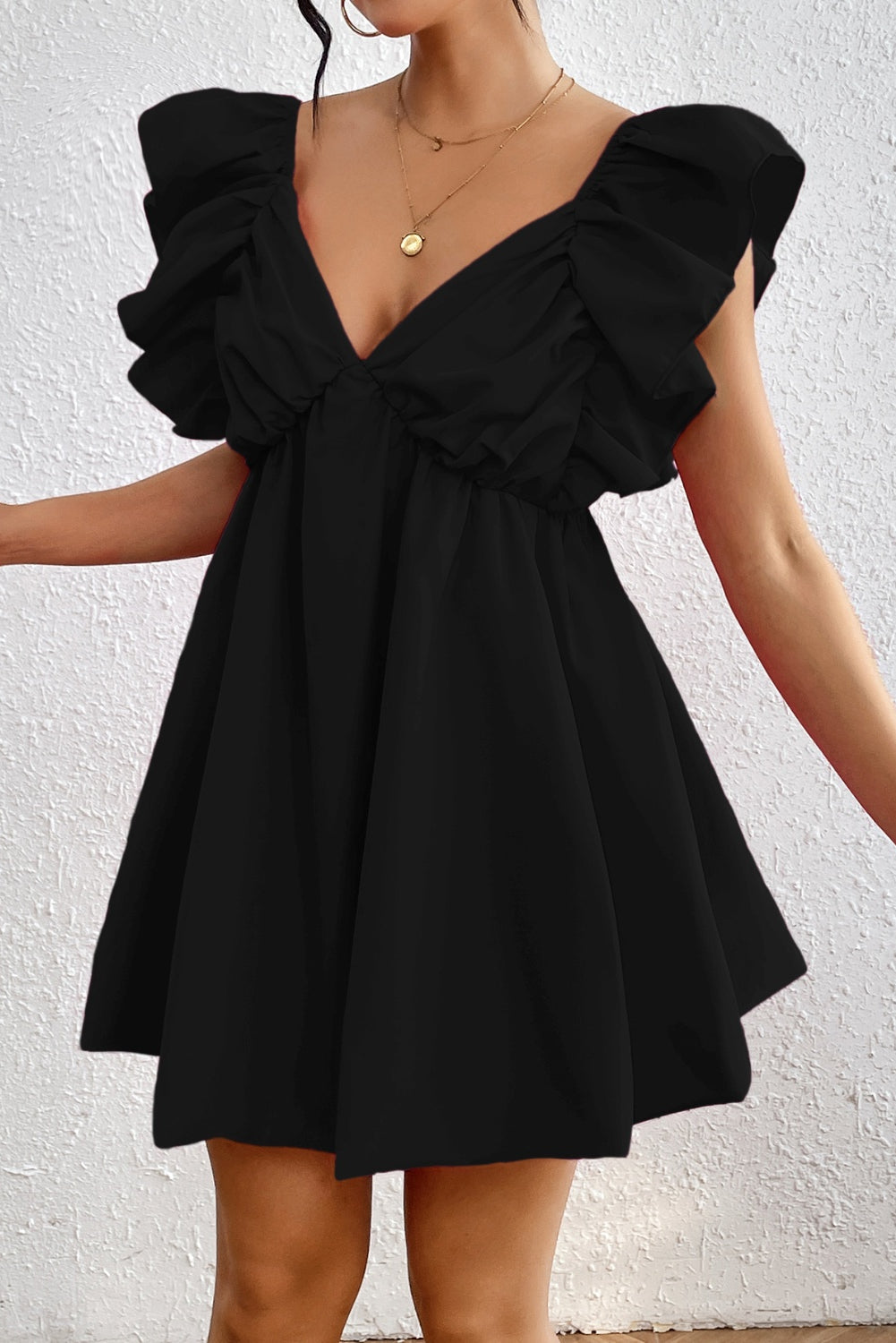 Our Best 100% Polyamide Opaque Ruffled V-Neck Cap Sleeve Mini Dress (Variants)