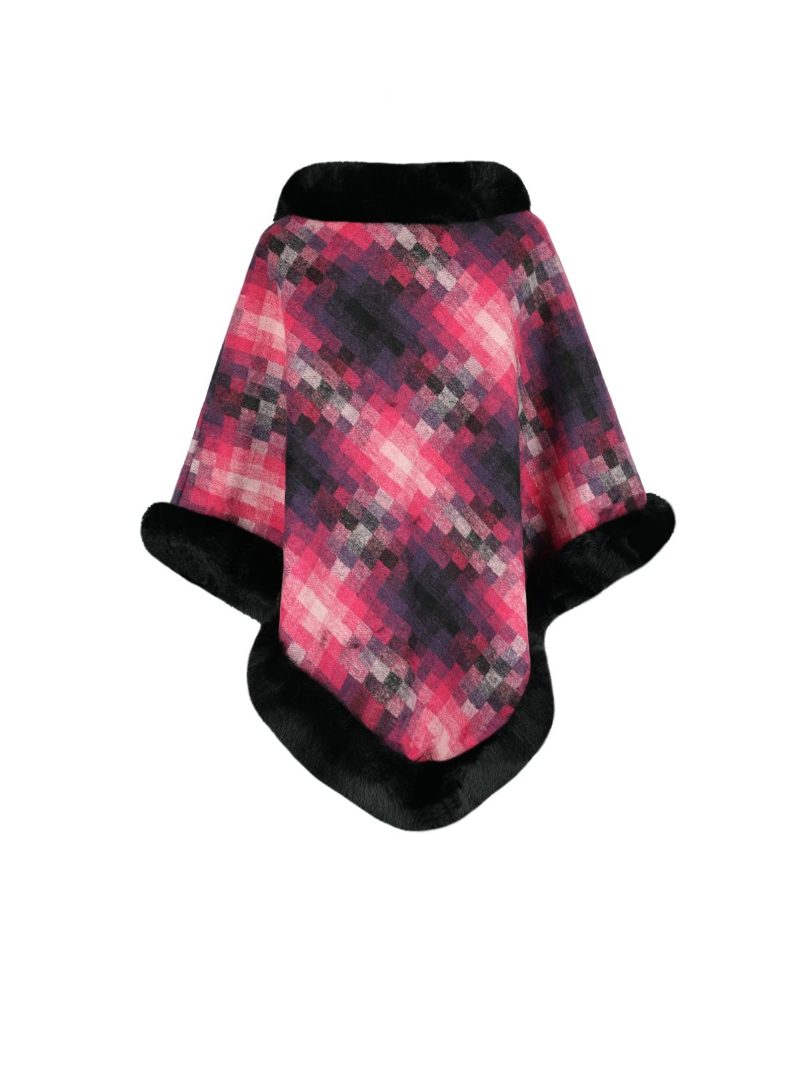 Monah Paloma 100% Polyester Pretty-n-Plush Faux Fur Collar and Trim Plaid Poncho (Multicolor)