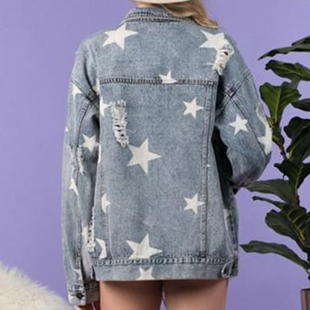 SuperStar Cotton Blend Star Distressed Denim Metal Rivet Button Shacket (Light Denim)