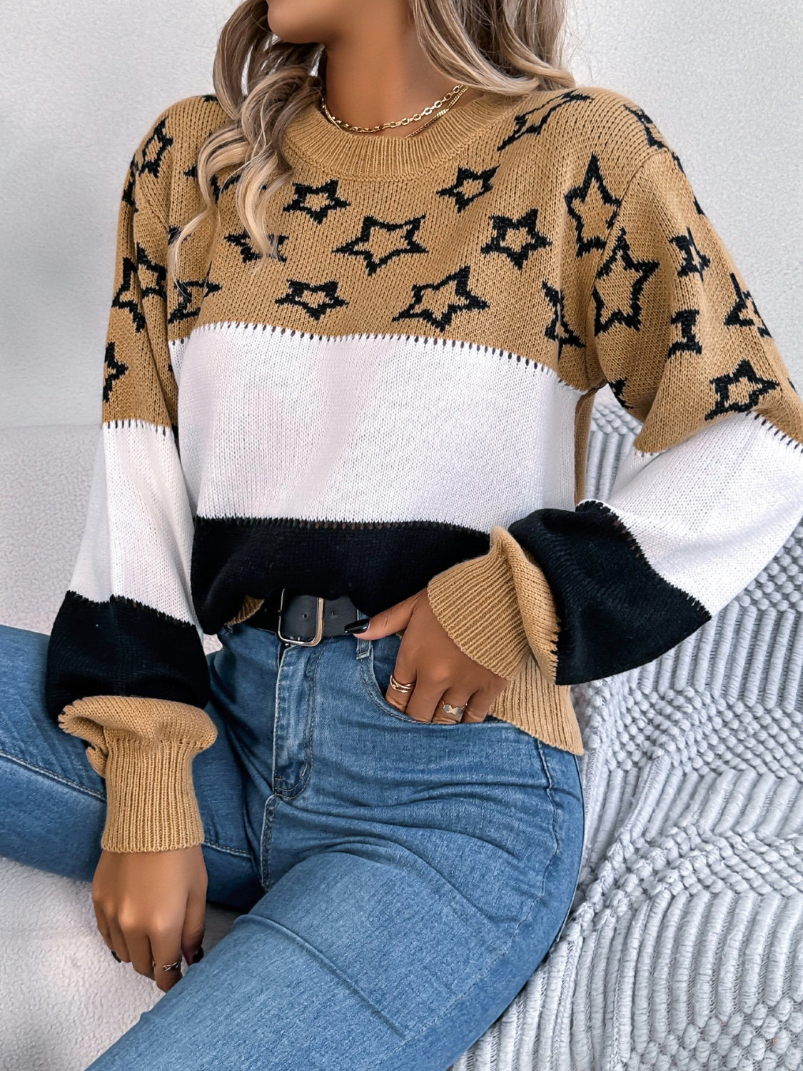 SuperStar 100% Acrylic Round Neck Colorblock Dropped Shoulder Long Sleeve Sweater (Multicolor)