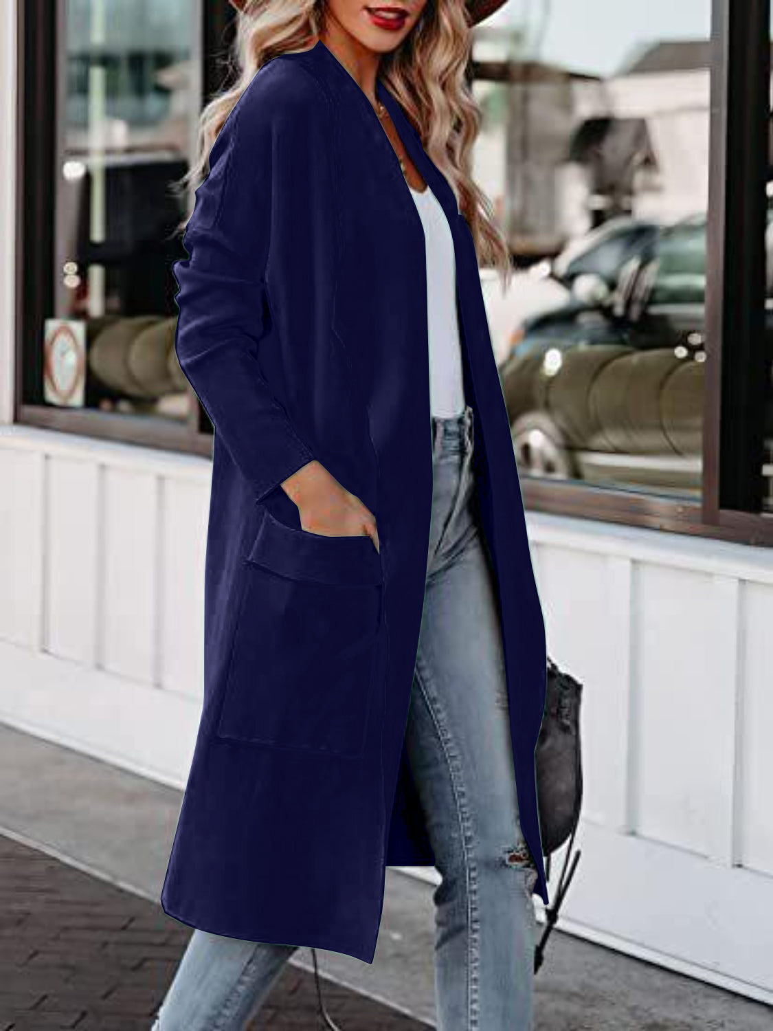 Fashion Plus 100% Polyester Open Front Dropped Shoulder Deep Pocket Detail Long Maxi Coat (Multicolor)