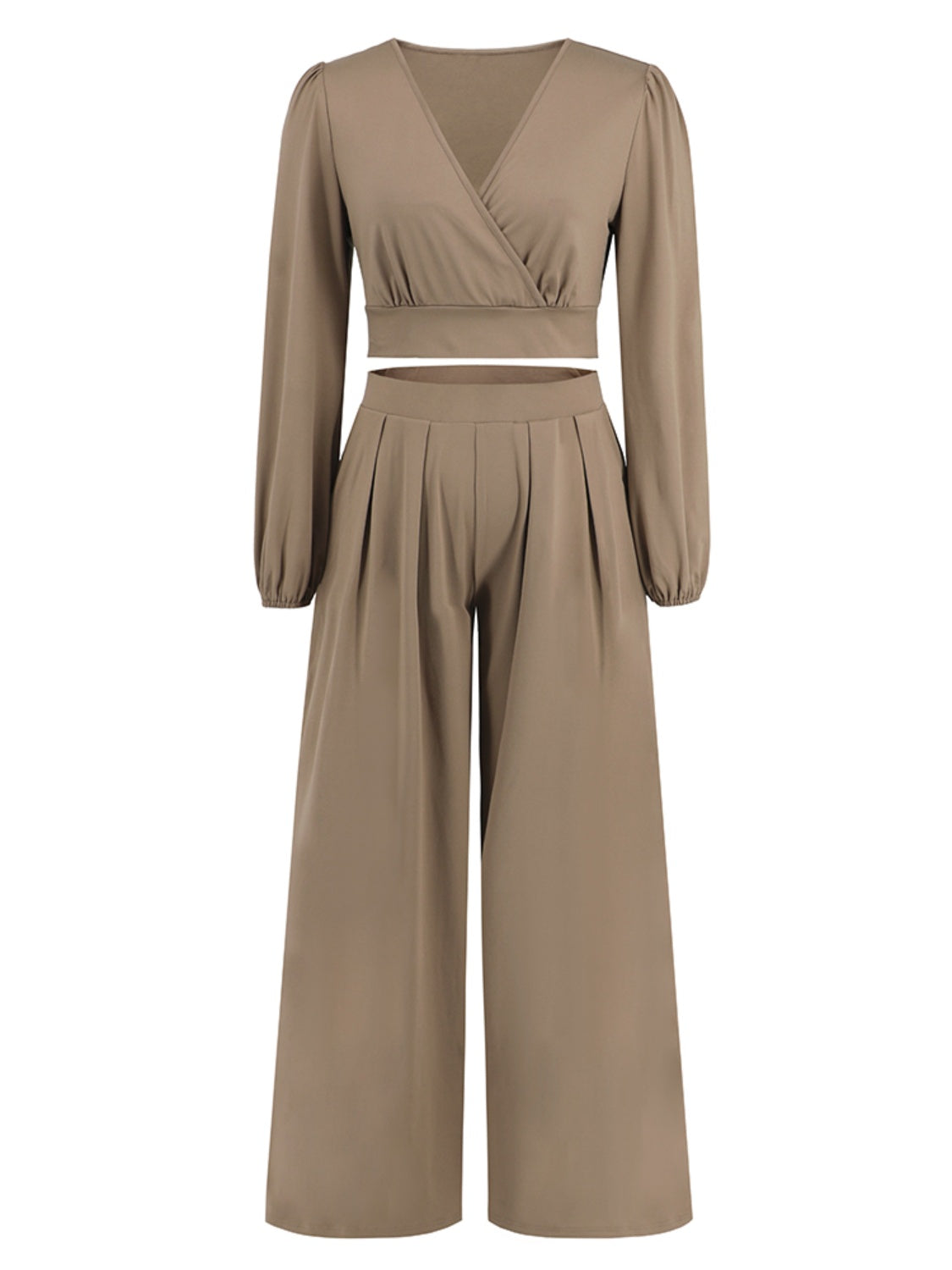 Our Best Polyester Blend Long Sleeve Surplice Top Wide Palazzo Pant Two Piece Set (Multicolor)