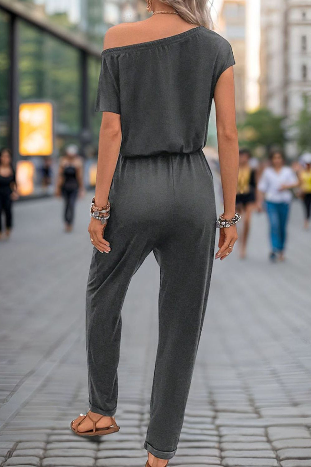 Perfee Polyester Blend Fashion Plus Sash Tie Pocket Detail Single Shoulder Short Sleeve Jumpsuit (Dark Gray)