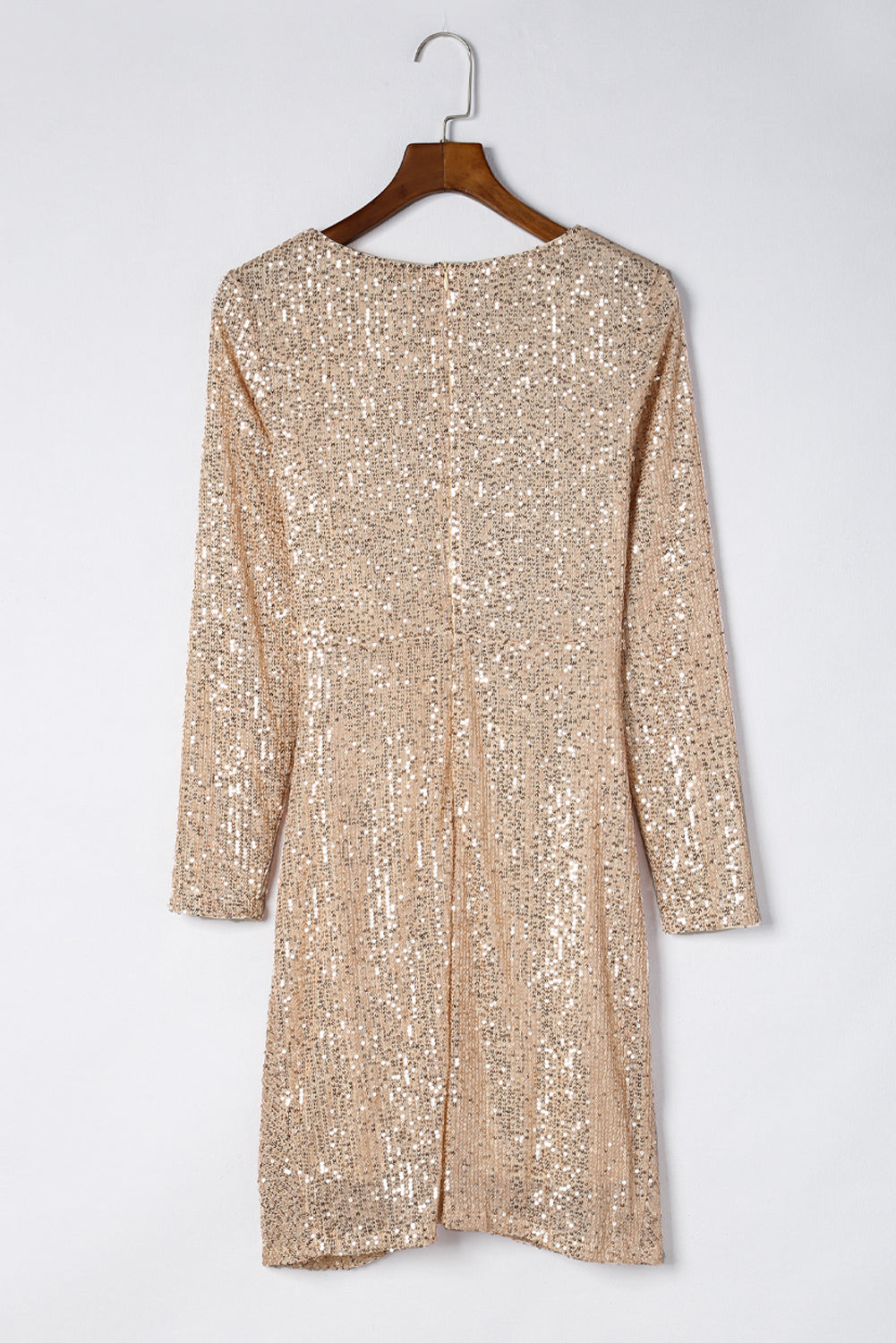 Fashion Plus Poly/Spandex Sequin Emblazoned Twist Knot Long Sleeve Mini Dress (Beige)