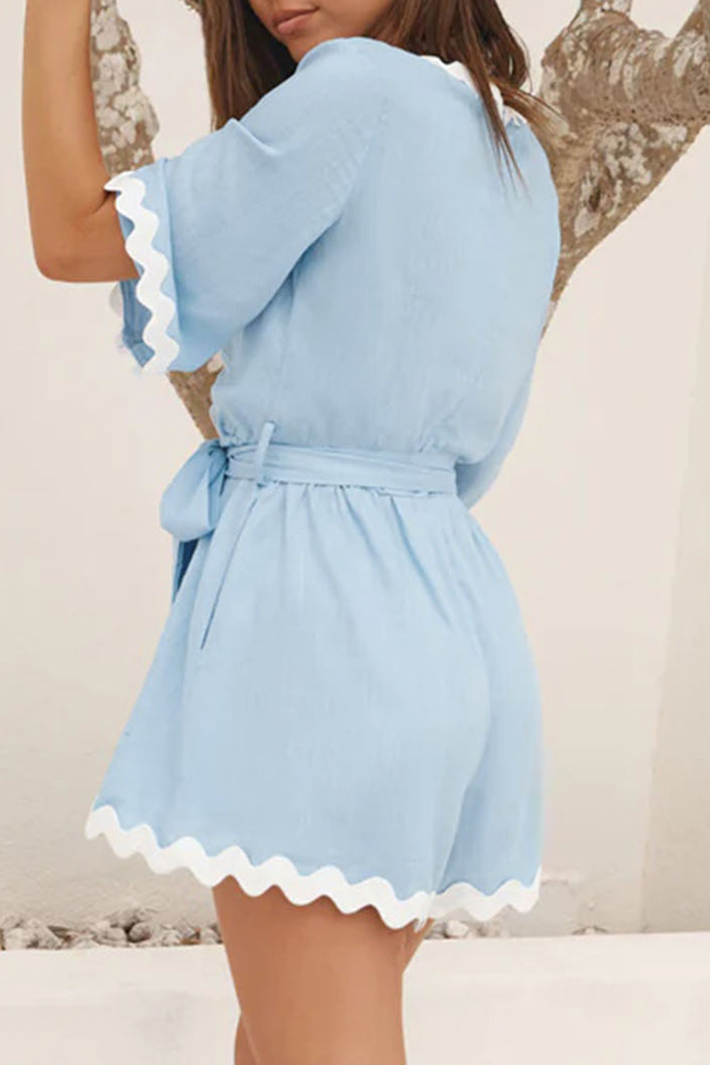 Perfee 100% Cotton Fashion Plus Layered Scalloped Trim 3/4 Sleeve Surplice Sash Tie Waist Romper (Blue)