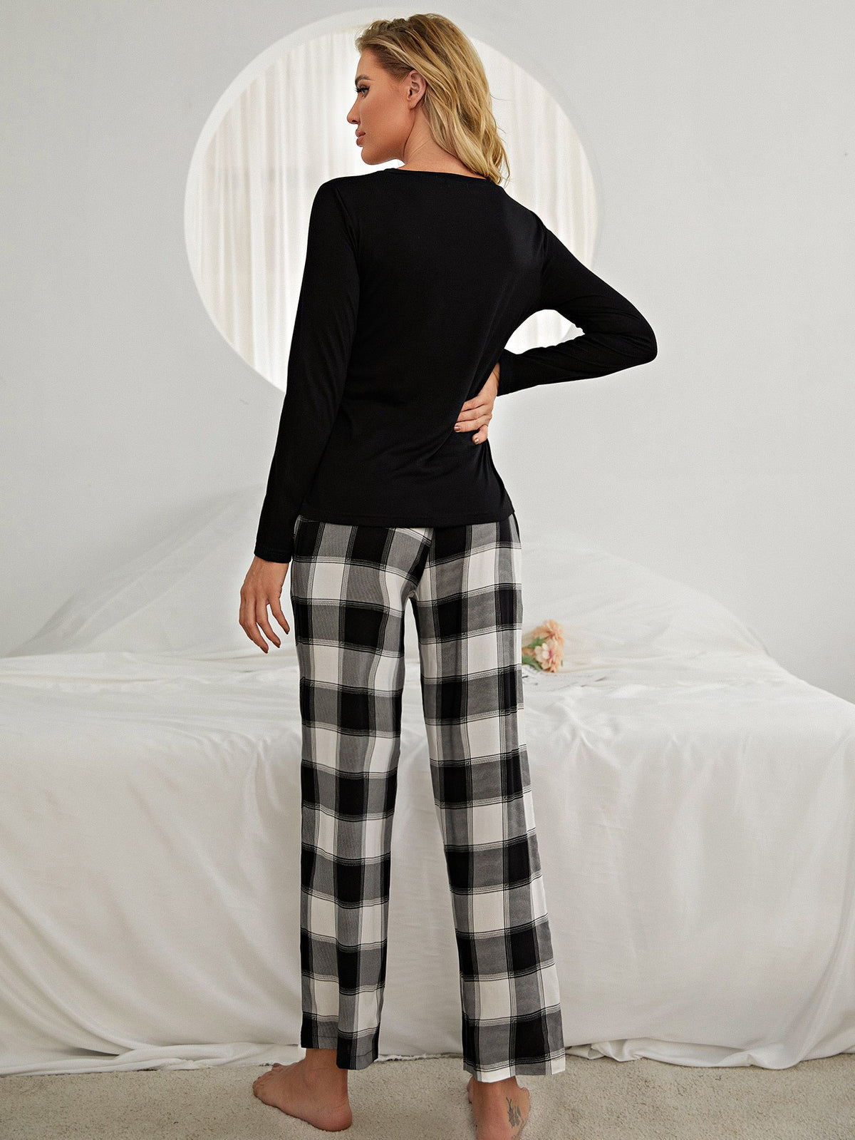 Our Best Polyester Blend Plaid Heart Top and Drawstring Pants Two Piece Lounge Set (Black/White)