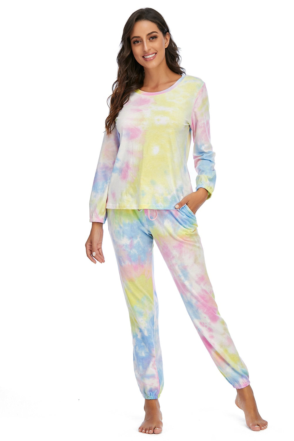 Tyra Tie-dye Rayon/Spandex Blend Drawsting Waist Top and Pants Two Piece Lounge Set (Multicolor)