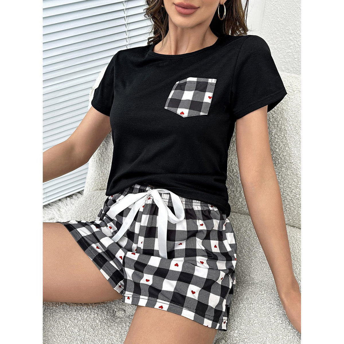 Our Best Polyester Blend Plaid Heart Top and Drawstring Shorts Two Piece Lounge Set (Black)