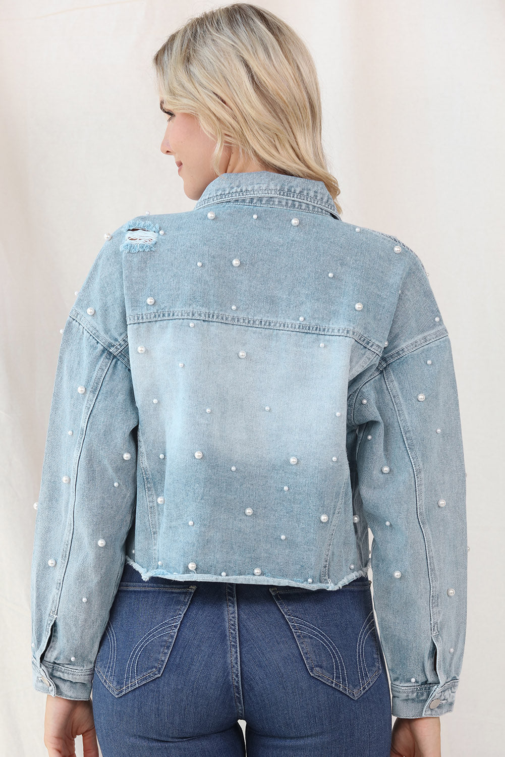 Our Best Polyester Blend Fashion Plus Distressed Pearl Trim Button Up Crop Denim Jacket (Light Denim)