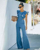 Women's Slim Fit round Ne Jumpsuit Casual  Color High Waist Long Pants Commute Sle Polyester Denim Fabric Summer
