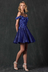 Juliet 861 Floral Embroidered Glitter Mesh Short A-Line Dress
