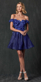 Juliet 861 Floral Embroidered Glitter Mesh Short A-Line Dress