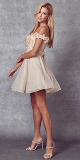 Juliet 861 Floral Embroidered Glitter Mesh Short A-Line Dress
