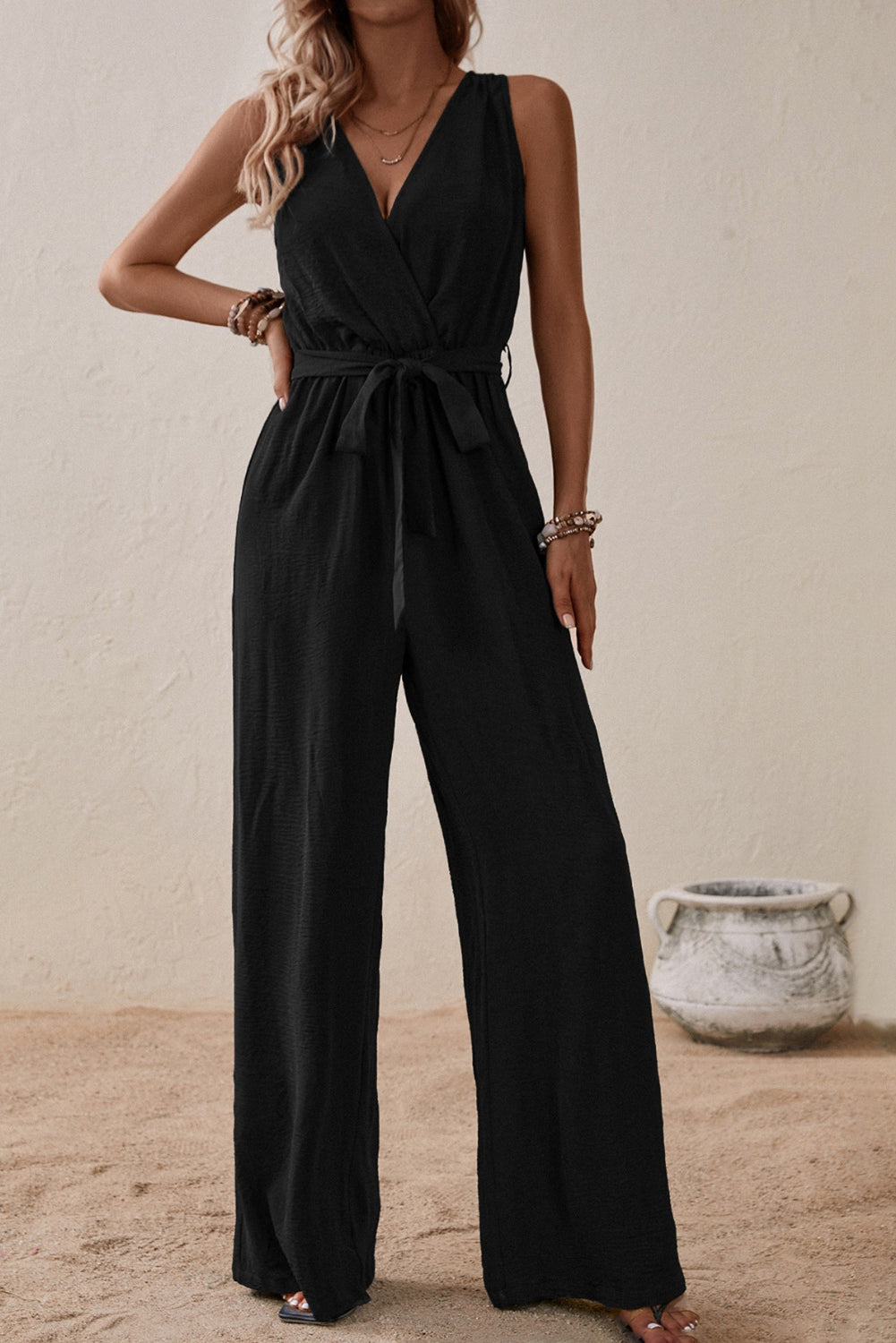 Our Best 100% Polyester Deep-V Sash Tie Belt Loop Detail Surplice Sleeveless Wide Flare Jumpsuit (Multicolor)