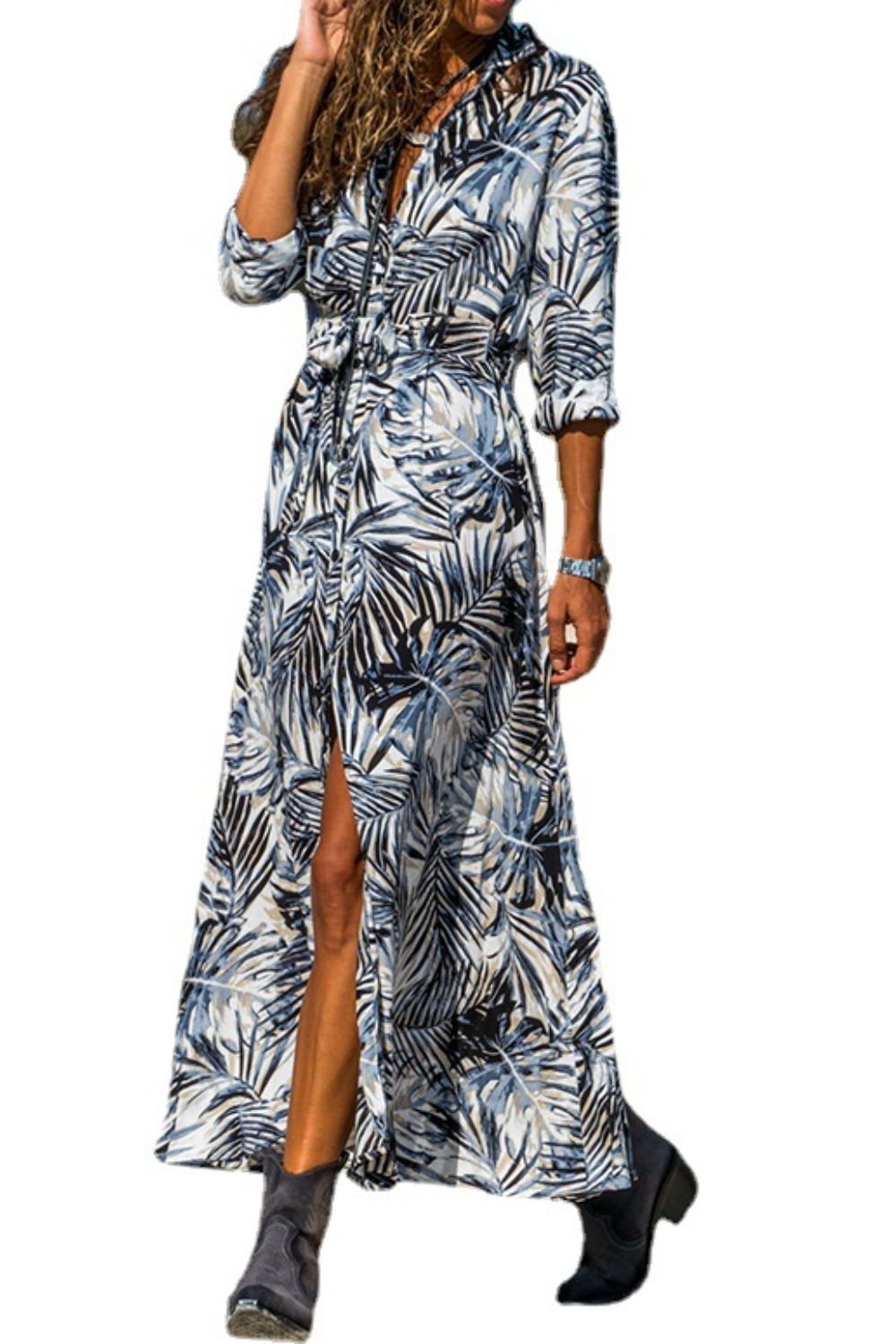 Our Best 100% Polyester Exotic Botanical Print 3/4 Sleeves Maxi Shirt Dress (Variants)