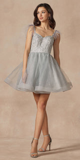Juliet 881 Feather Straps Sheer Bodice Short A-line Tulle Dress