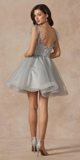 Juliet 881 Feather Straps Sheer Bodice Short A-line Tulle Dress