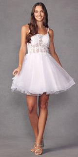 Juliet 883 Short A-Line Glitter Tulle Skirt Square Neck Thin Strap Dress