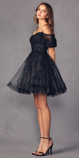 Juliet 886 Short Removable Off Shoulder Puff Sleeves A-Line Tulle Dress