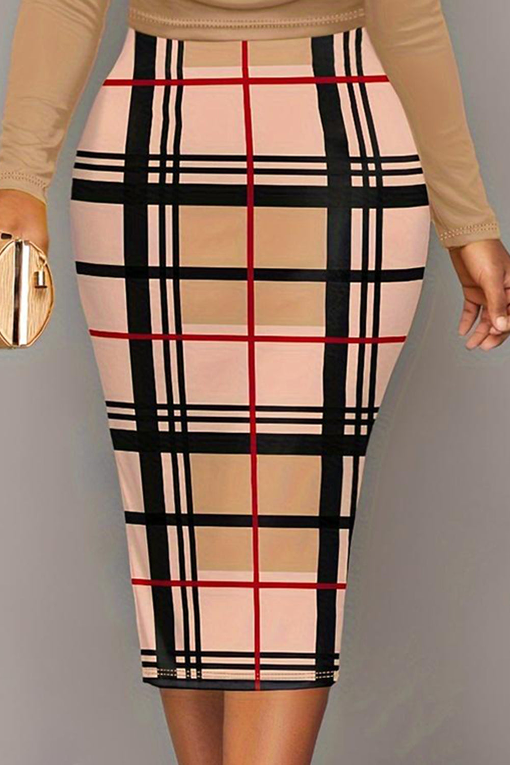 Plus Size Lovely Ladies Polyester Blend Fashion Plus Long Sleeve Swag Layered Plaid Mini Dress (Tan)