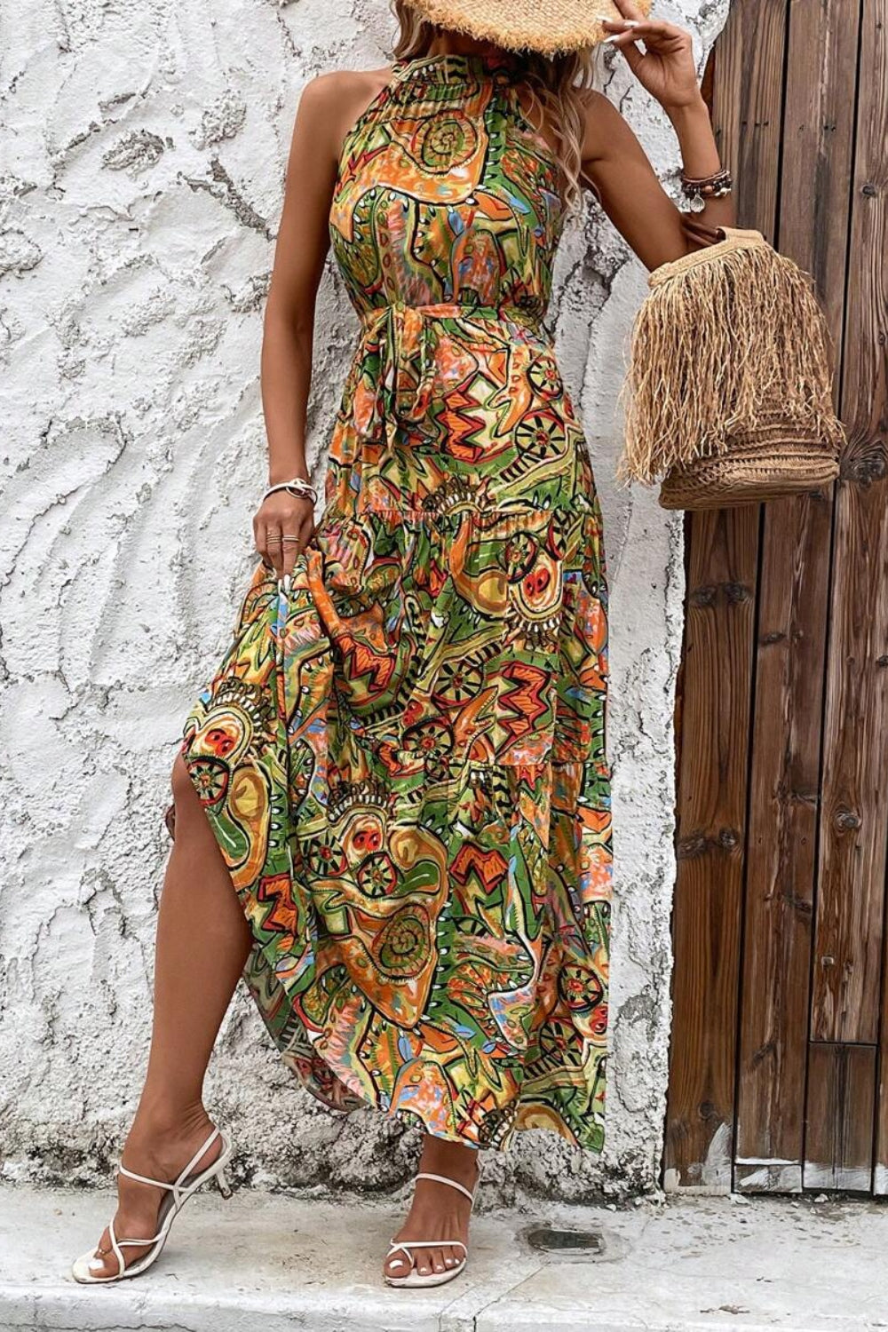 Our Best Polyester Blend Sash Belt Tie Detail Floral Print Sleeveless Maxi Dress (Floral Multi)