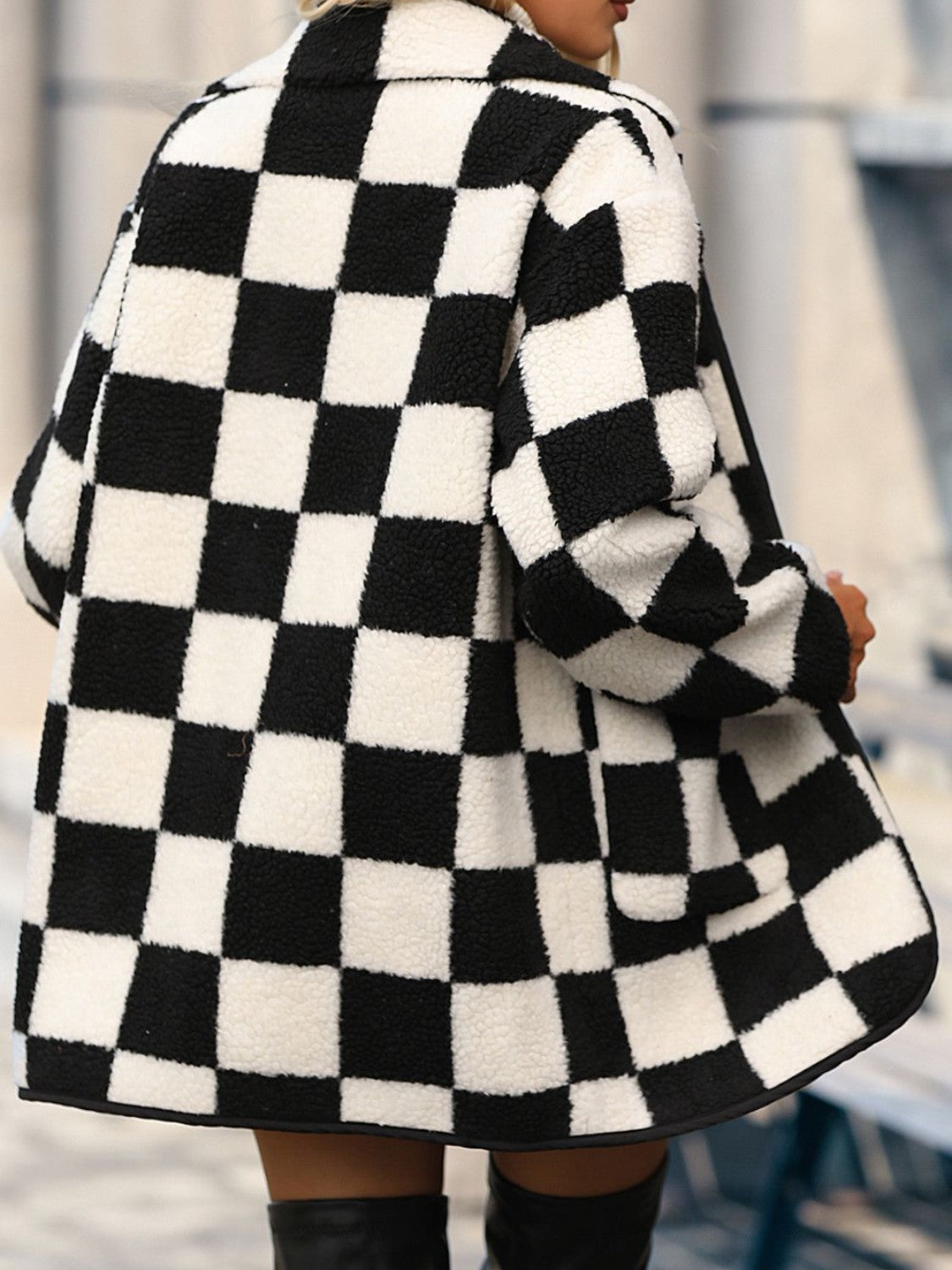 Double Take 100% Polyester Full Size Smocked Checkered Button Front Pocket Detail Midi Jacket (Black)