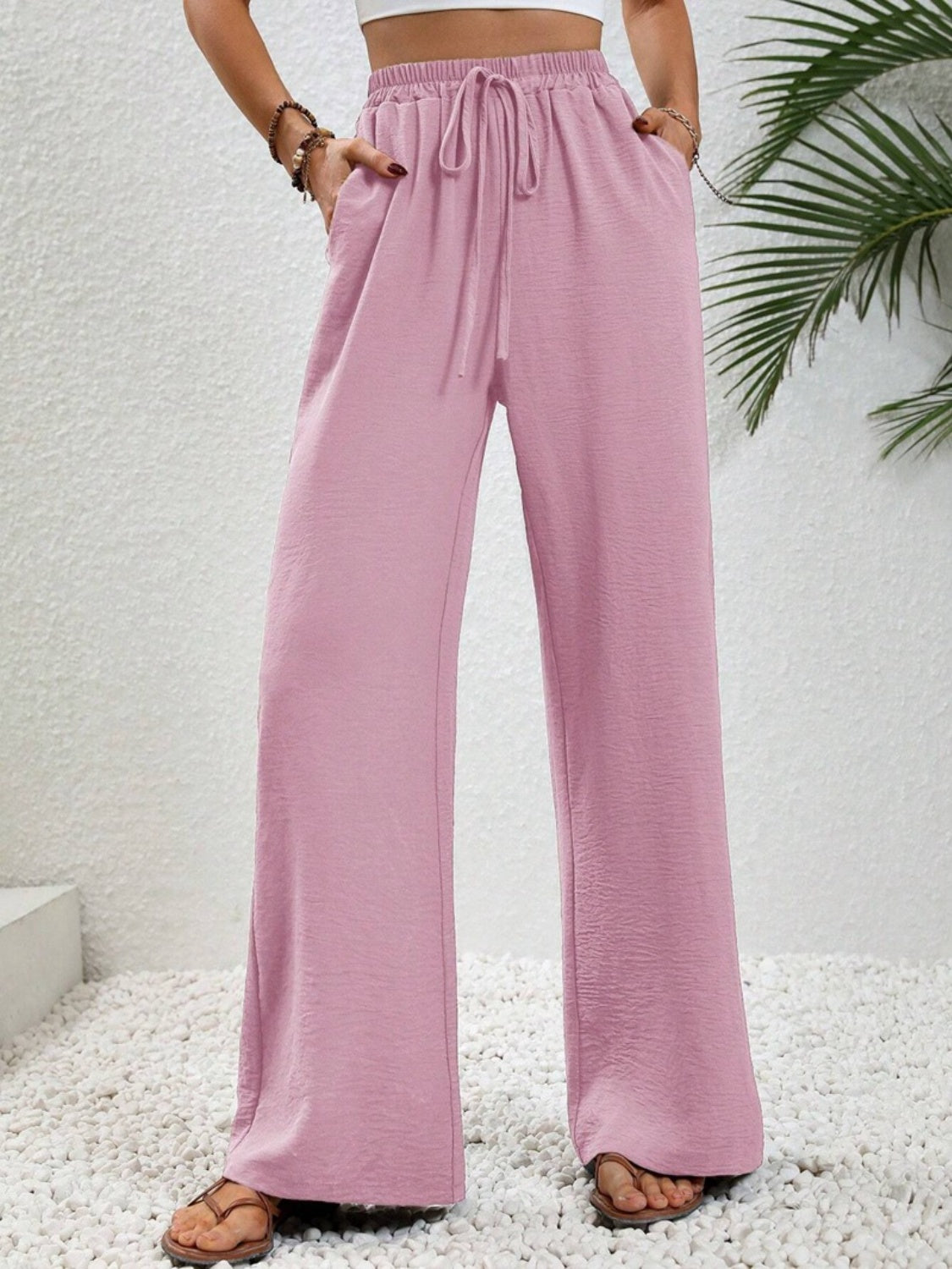 Our Best 100% Polyester Wide Leg Drawstring Waist Palazzo Pants (Multi Colors)