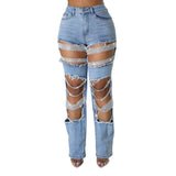 Women's Destroyed Ripped Hole Denim Pants Pearl Rhinestones Chain Distressed Slim Fit Skinny Jeans Y2K Night Club Party Jeans