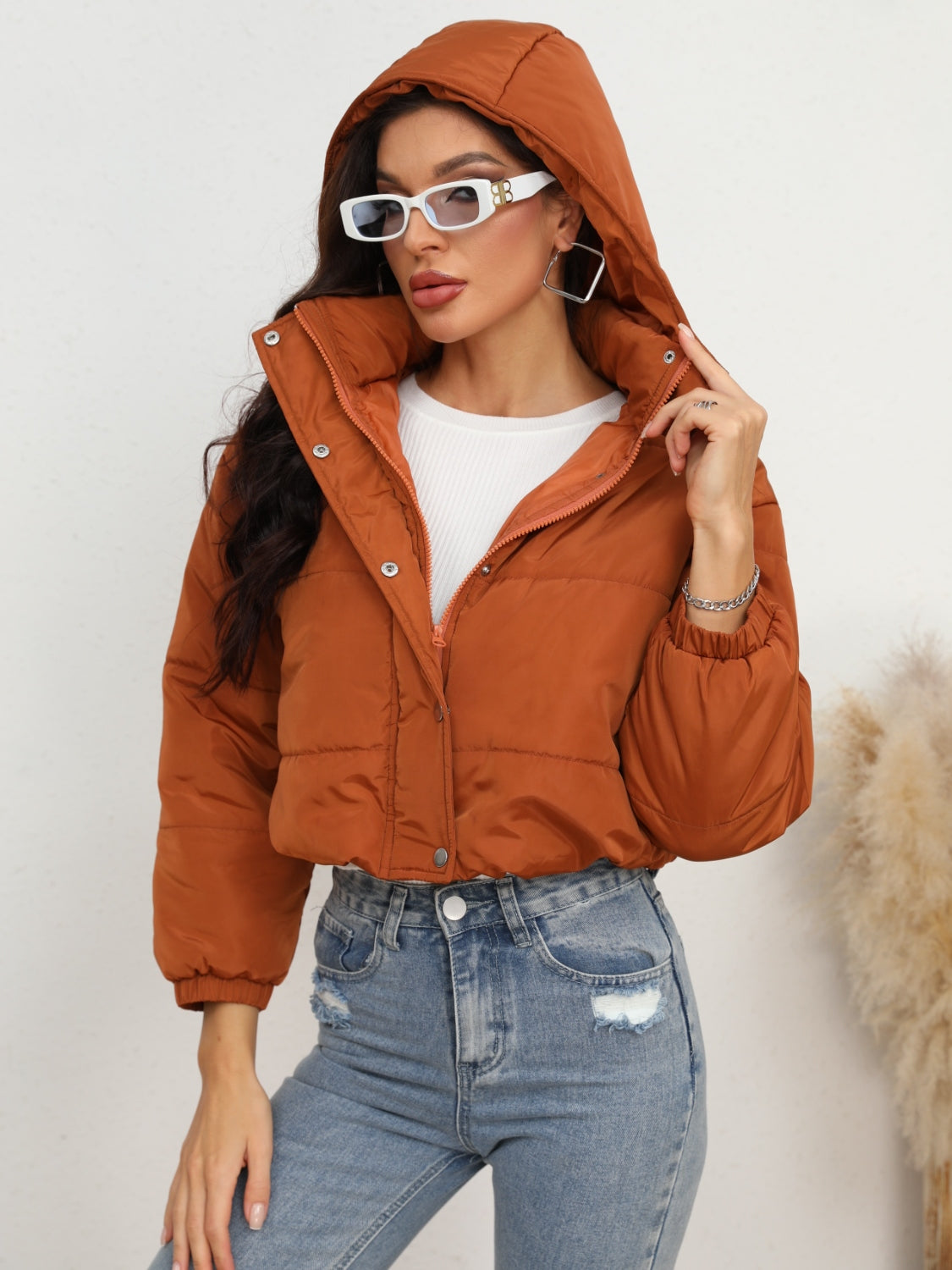 Our Best 100% Polyester Snap and Zipper Closure Hooded Puffer Jacket (Ochre)