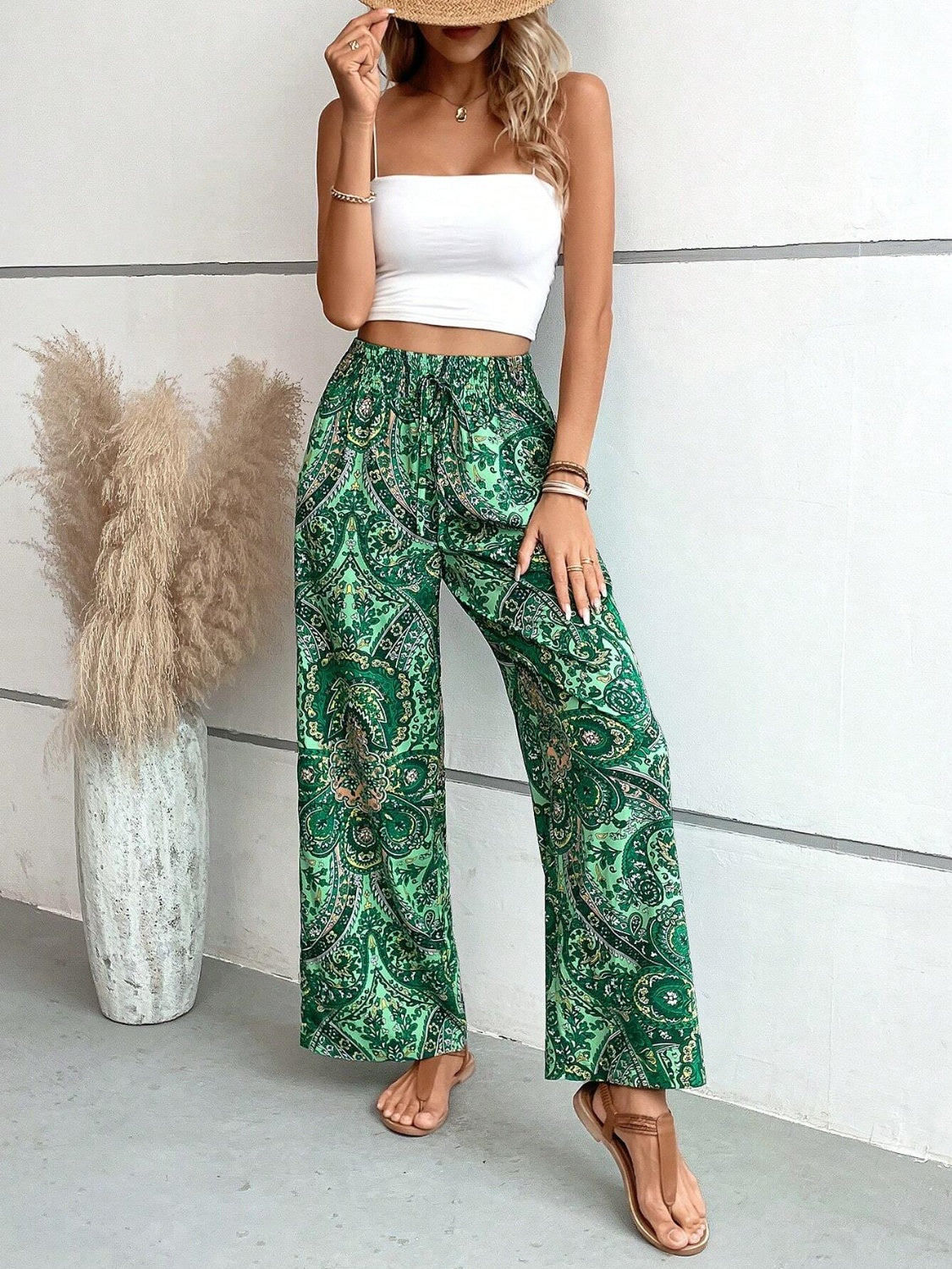 Our Best 100% Polyester Paisley Print Drawstring Waist Wide Leg Palazzo Pants (Multicolor)