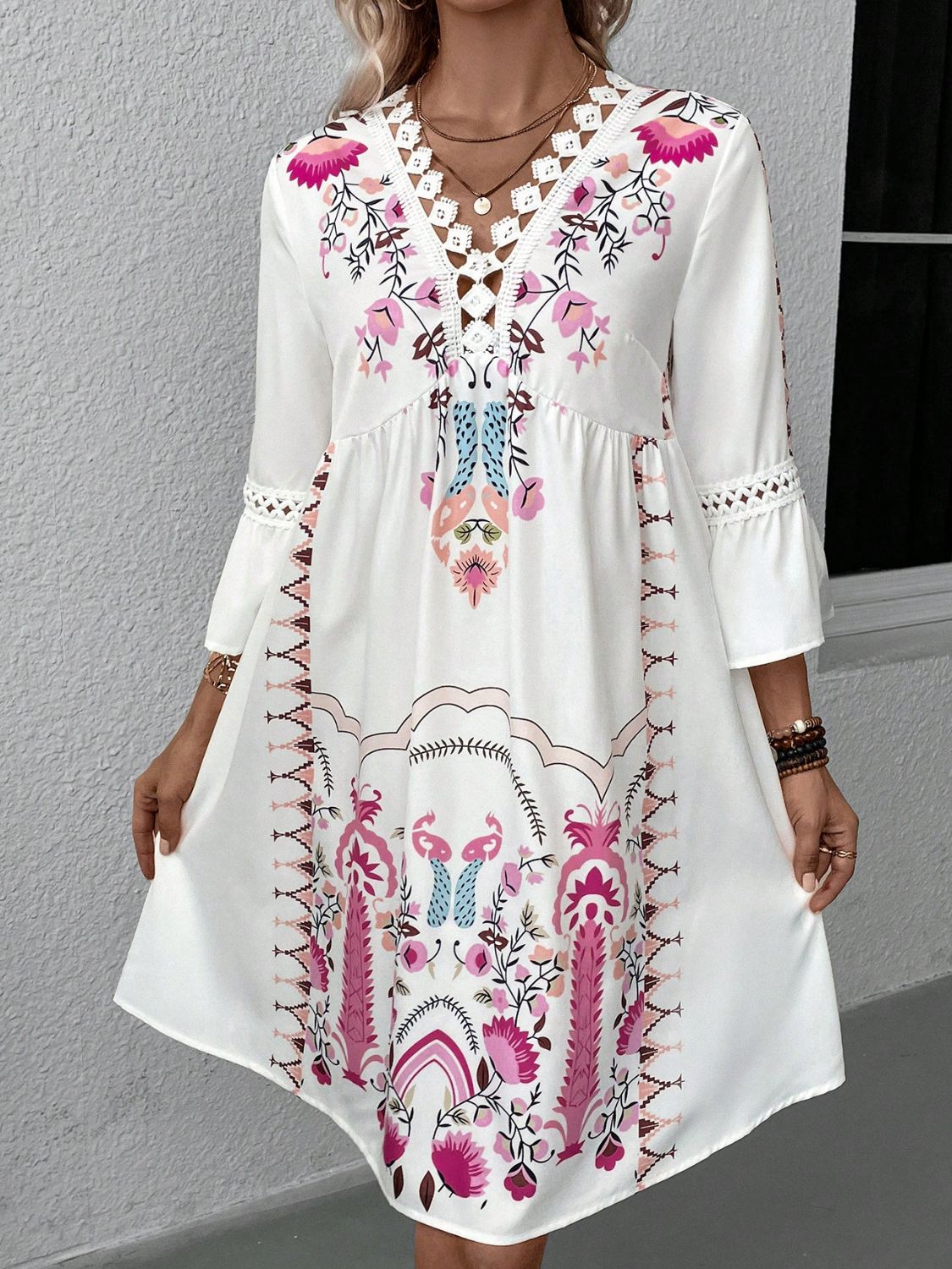 Our Best 100% Polyester Exotic Floral Print Lace Detail V-Collar Three-Quarter Sleeve Dress (Variants)