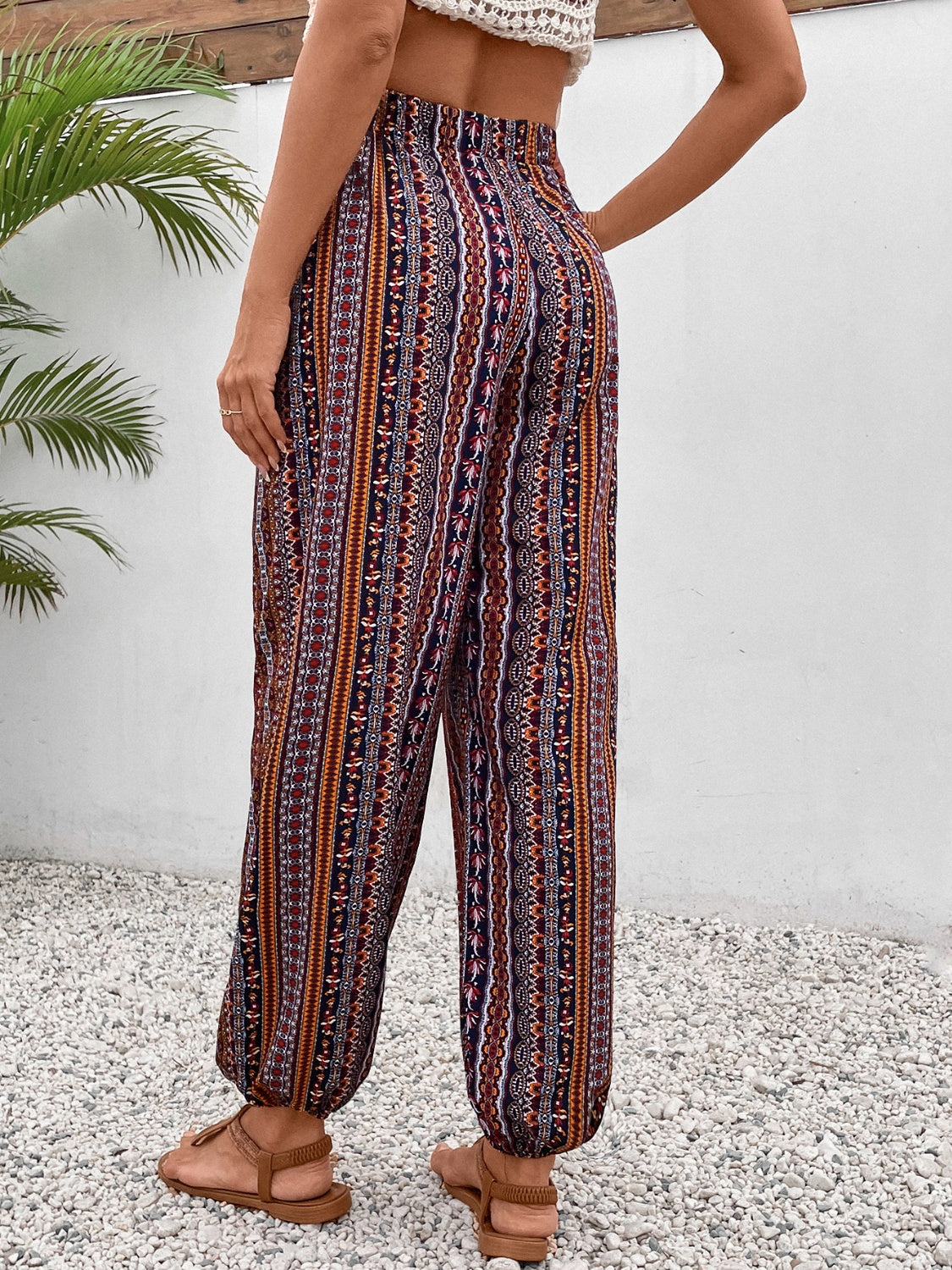 Our Best 100% Polyester Exotic Color Print Sash Tie Waist Tassel Detail High Waist Pants (Brown)