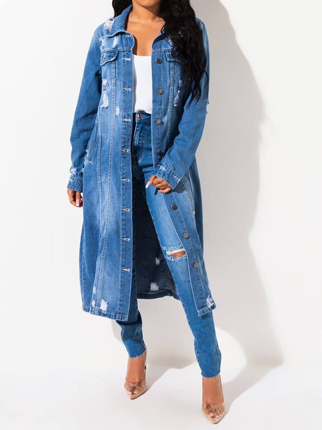 Our Best Cotton Blend Fashion Plus Long Sleeve Long Line Raw Hem Maxi Denim Jacket (Light/Medium)