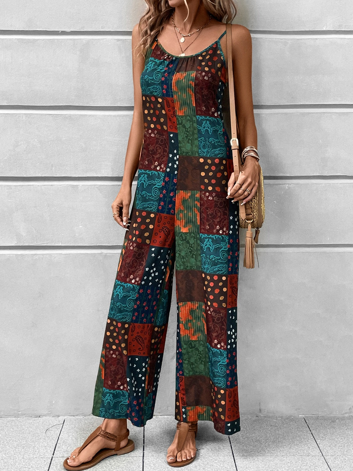 Our Best Polyester/Spandex Fashion Plus Floral Fantasy Scoop Neck Jumpsuit (Multicolor)