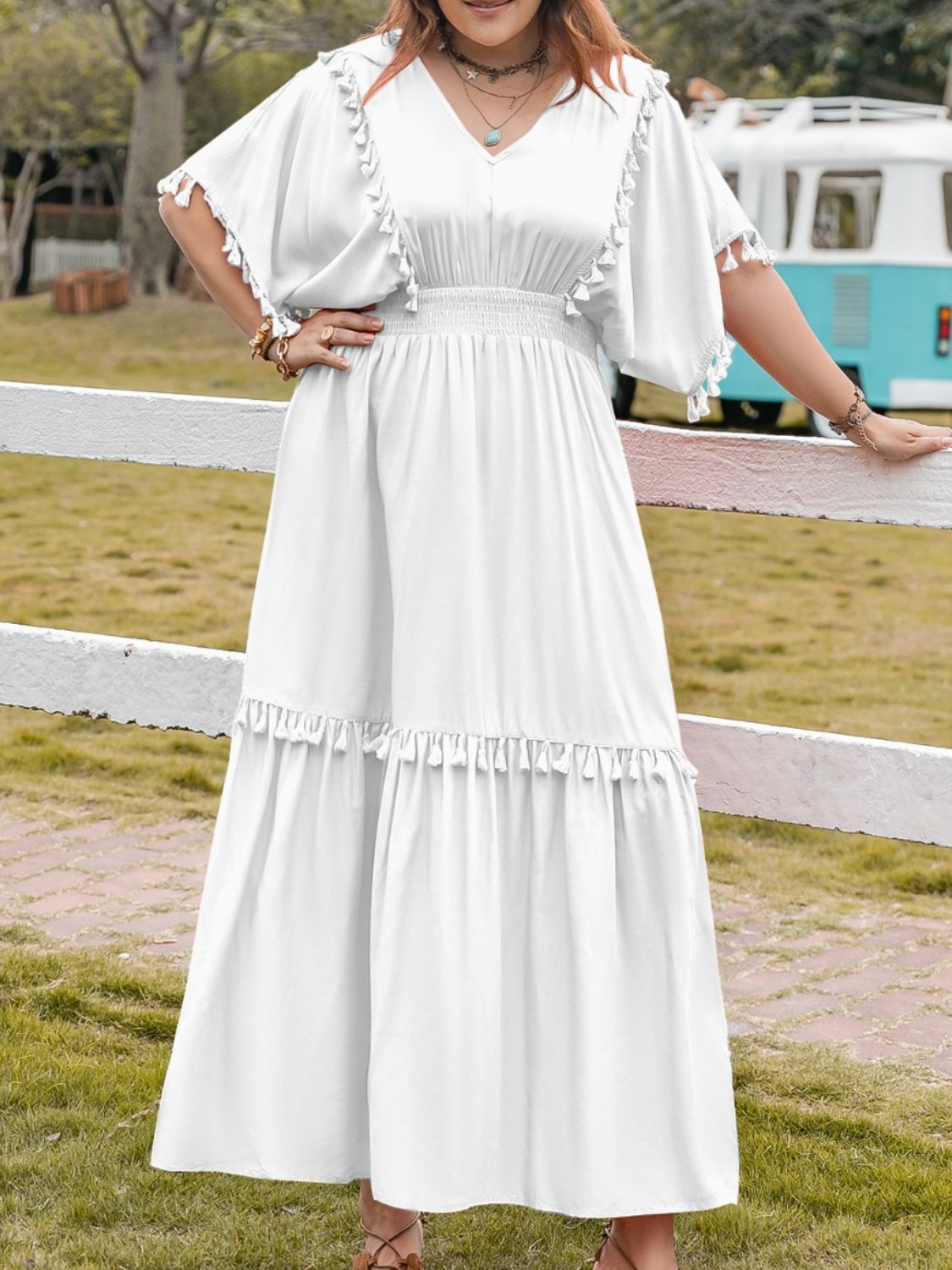 Plus Size Lovely Ladies Polyester Blend Fashion Plus Tassel Smocked V-Neck Half Sleeve Maxi Dress (White)